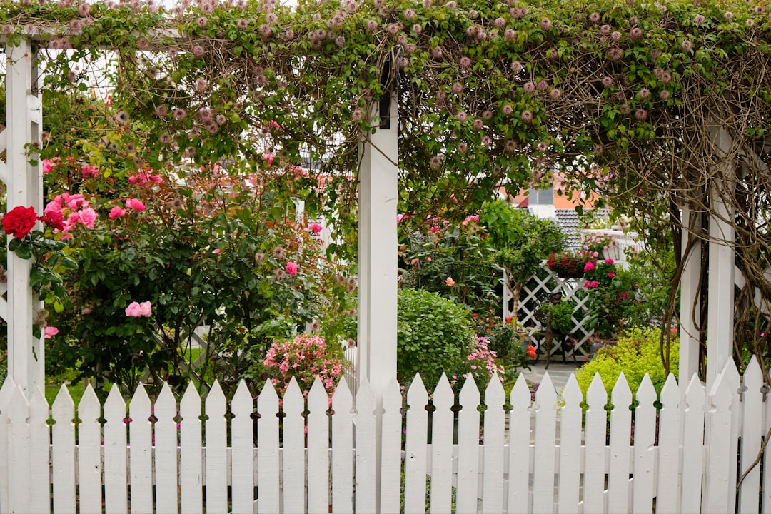 White picket fence with flowers in residential yard